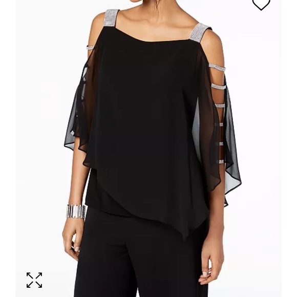 Embellished cold should silver bedazzled black top w/ ladder sleeves never worn - Picture 1 of 5